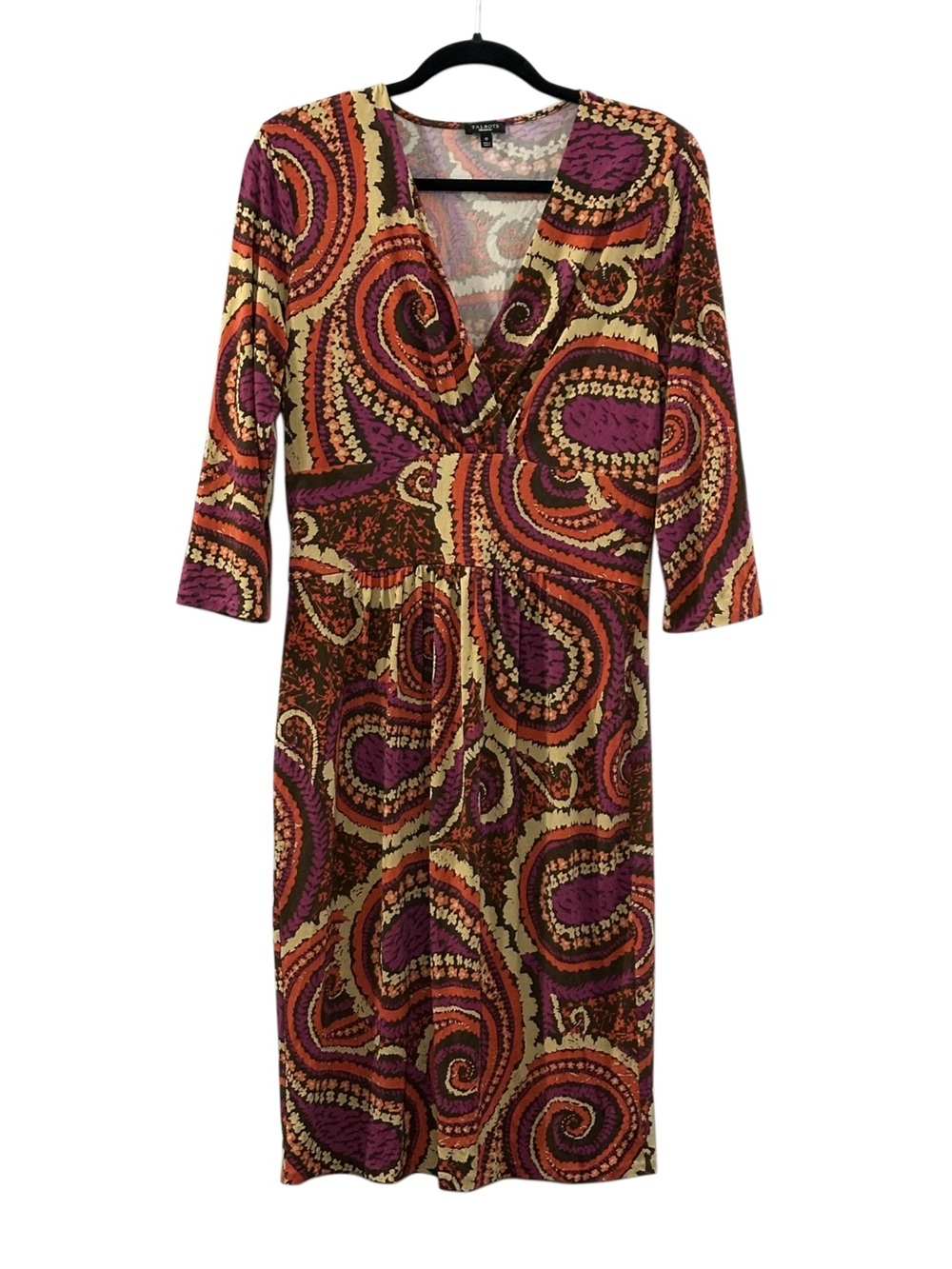 Talbots Paisley Print Faux Wrap Dress Sz 10 Boho Stretch Knee Length 3/4 Sleeve